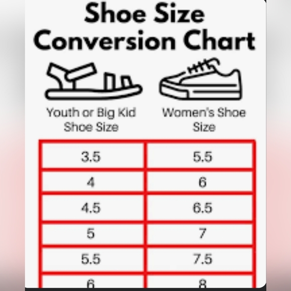 SHOE SIZE CONVERSION CHART YOUTH TO WOMENS VICE VERSA - Picture 1 of 3